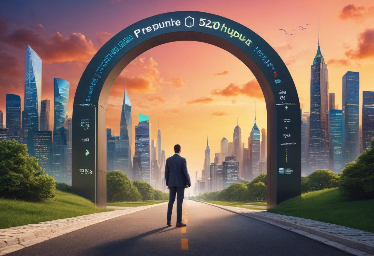 A person standing at the gateway to a bright, promising future, holding a glowing key labeled 'Credit Score,' with an intricate path paved with dollar bills leading to a horizon filled with futuristic cityscapes and prosperous symbols. Modern, sleek design with infographic elements illustrating credit score charts and monitoring tools. super-realistic. vibrant colors.